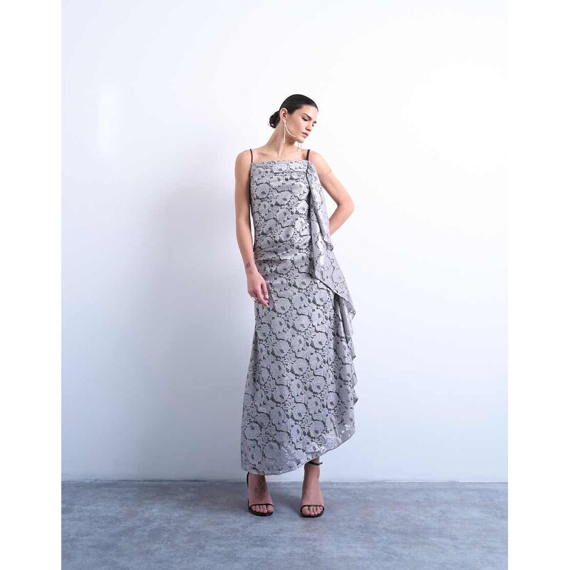 Topshop heavy foiled lace maxi dress in silver