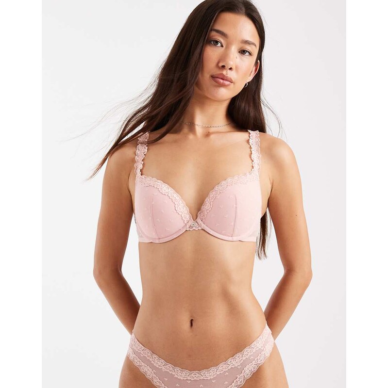 Lindex heart mesh and lace underwired padded bra in light pink 114482904