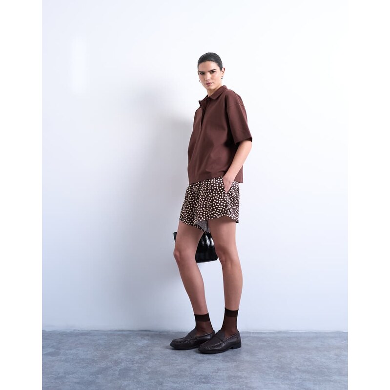 Topshop satin boxer short in brown polka dot