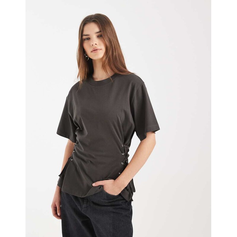 ASOS DESIGN lace up tie side t-shirt in charcoal-Grey