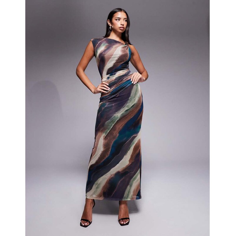 Forever New mesh knot front maxi dress in neutral abstract print-Multi 115591467