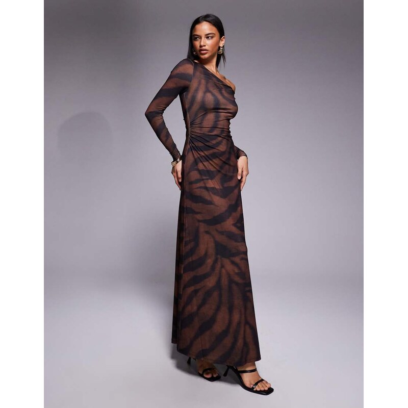 Forever New one shoulder long sleeve mesh maxi dress in brown