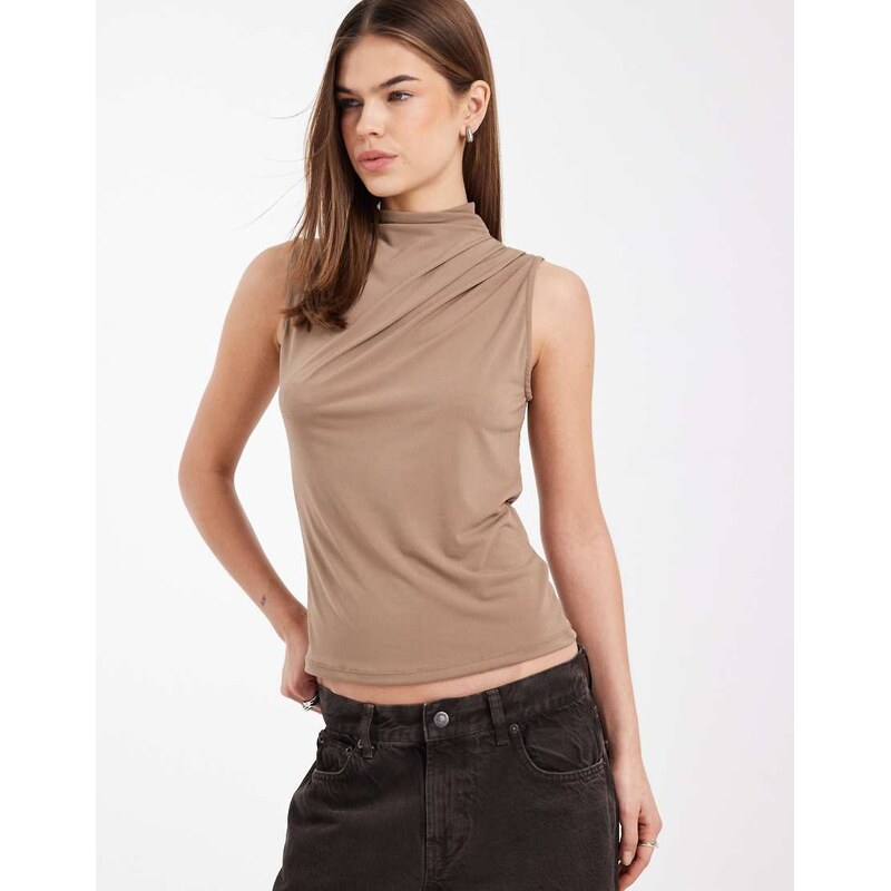 Pieces drape neck sleeveless top in taupe grey-Neutral 115517509