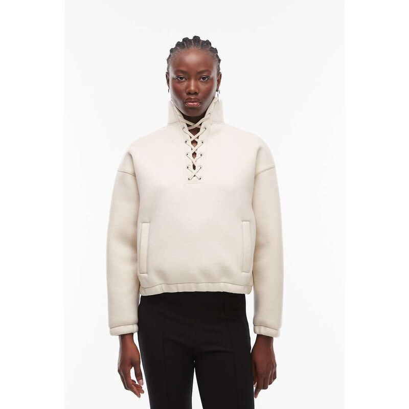 ASOS DESIGN funnel neck sweat with lace detail in cream-White