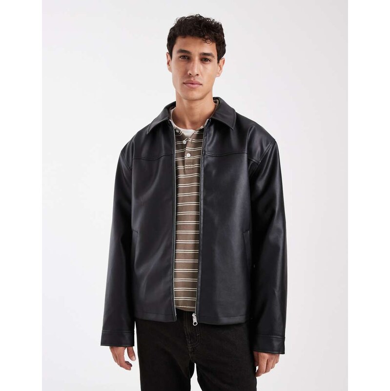 ASOS DESIGN faux leather harrington jacket in black