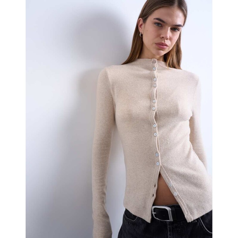 Topshop button down long sleeve cardigan top in beige-Neutral