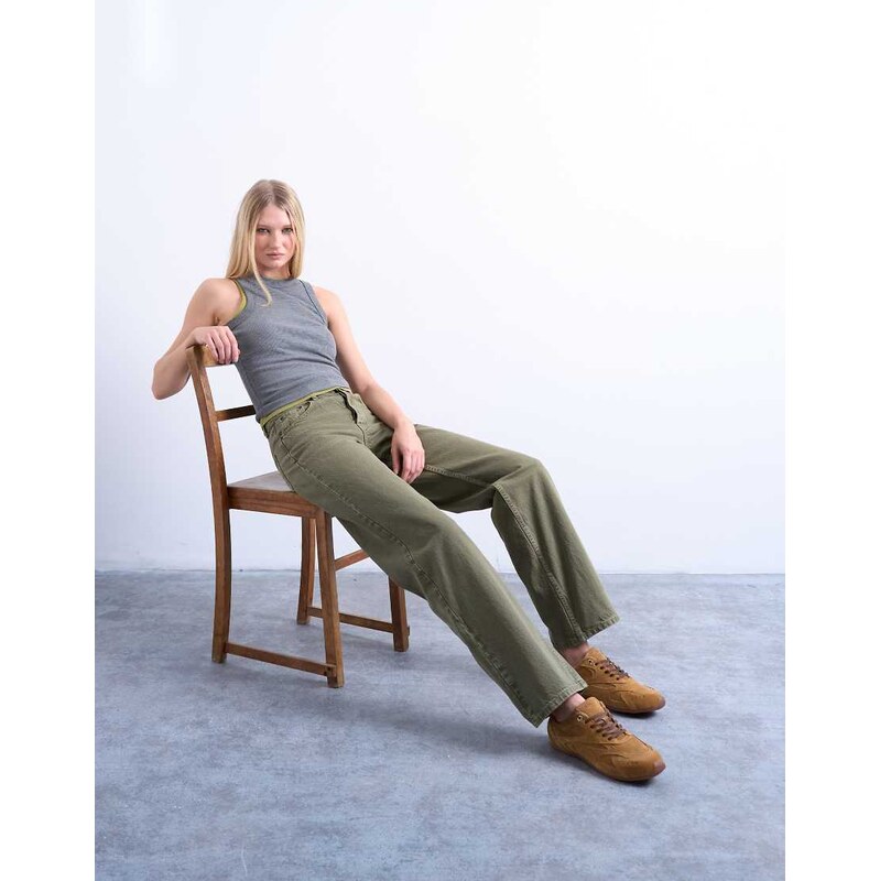 Topshop Ember low rise straight jean in khaki-Neutral