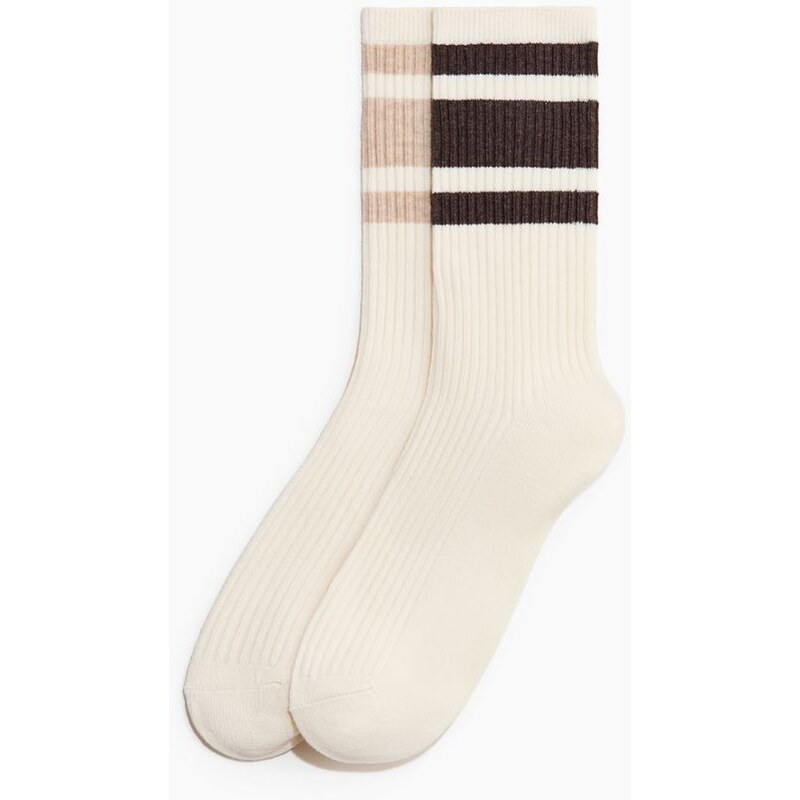 H&M - Žebrované ponožky 2 páry - Krémová/Tmavě Hnědá