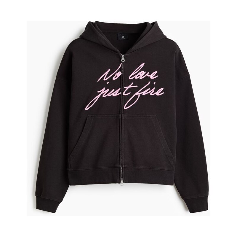 H&M - Bunda na zip Oversized Fit - Černá/No Love Just Fire