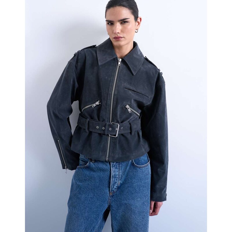 Topshop faux suede low belted biker jacket in charcoal-Grey