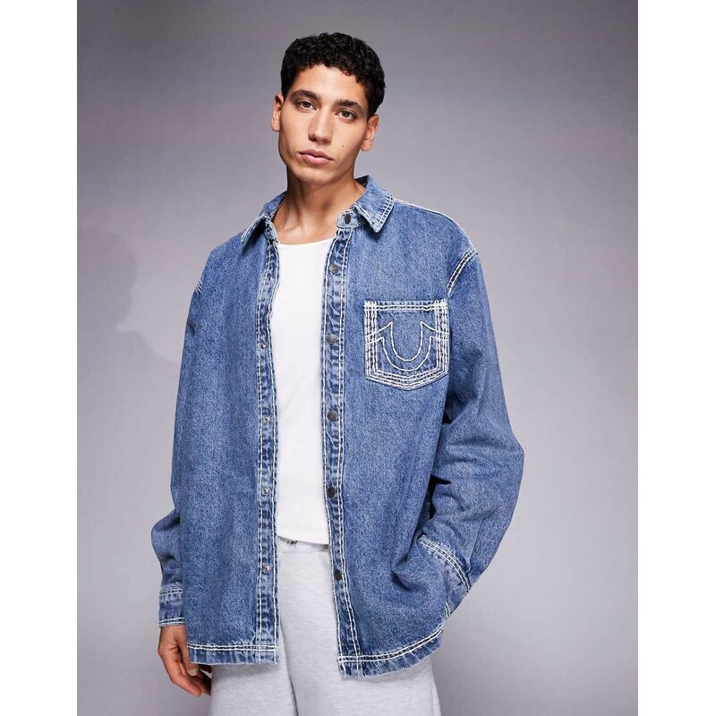 True Religion super QT denim shirt in washed blue