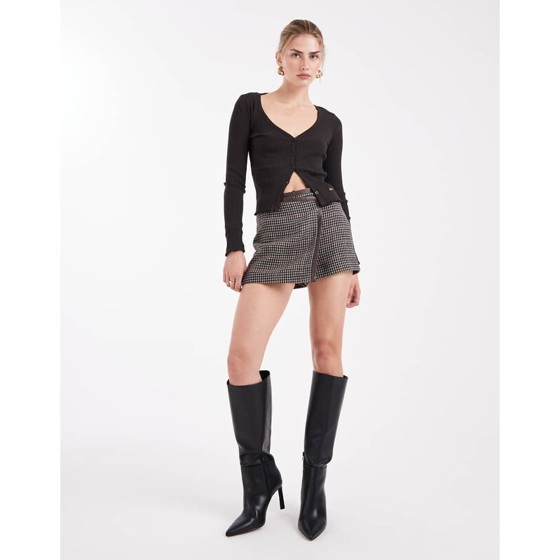 New Look check wrap mini skort in brown