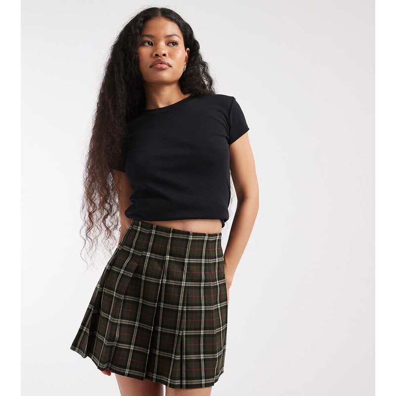 New Look Petite check pleated mini skirt in green