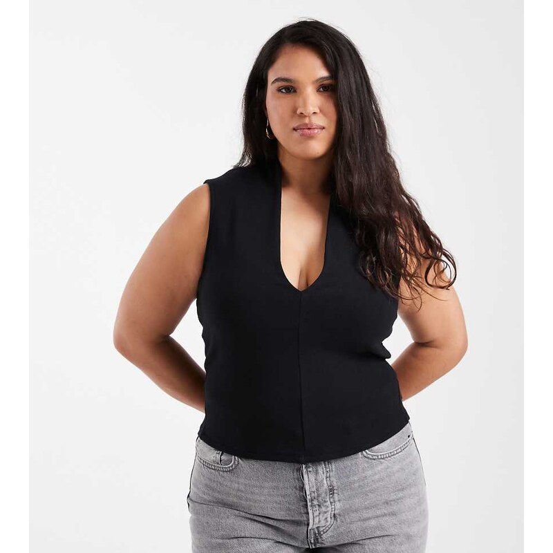 ASOS Curve ASOS DESIGN Curve compact cotton plunge top in black 112478271