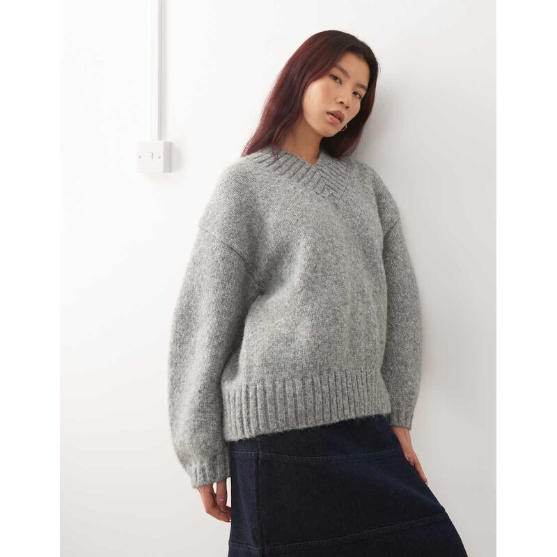 Monki oversized v neck jumper in grey melange