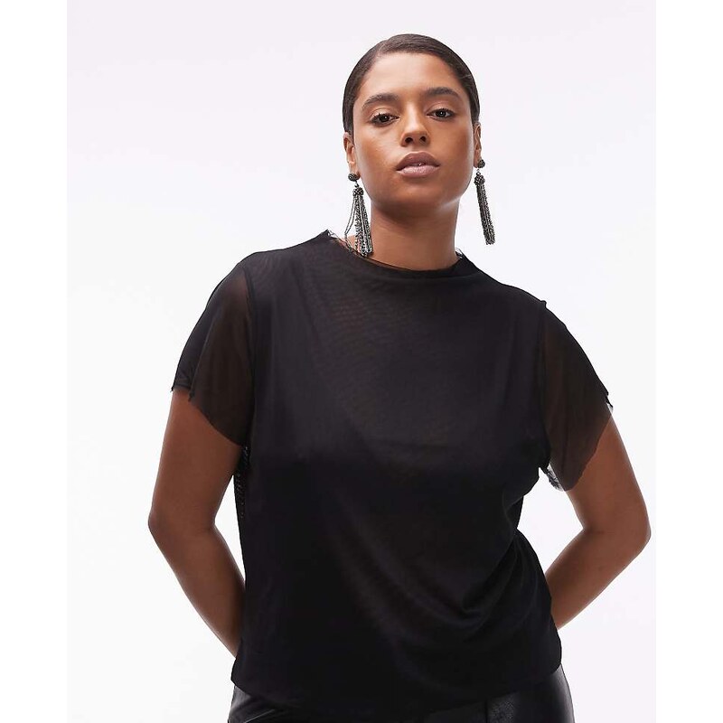 ASOS Curve ASOS DESIGN Curve short sleeve sheer mesh top in black 112191812