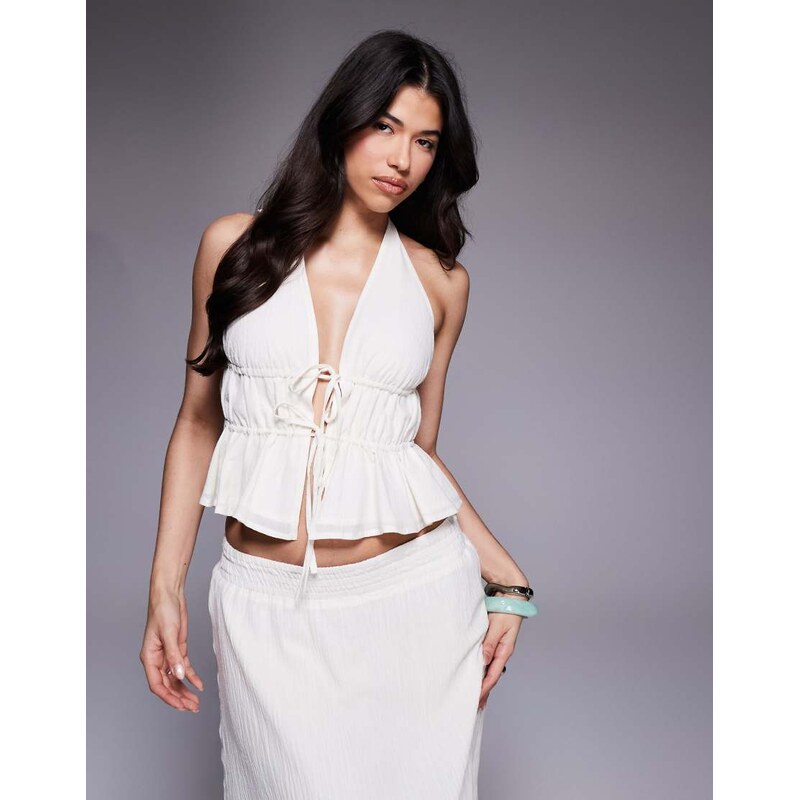 The Frolic exclusive linen look crinkle tie front halterneck top