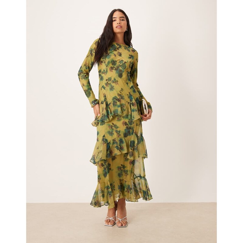ASOS DESIGN long sleeve ruffle chiffon maxi dress in green floral 112508541