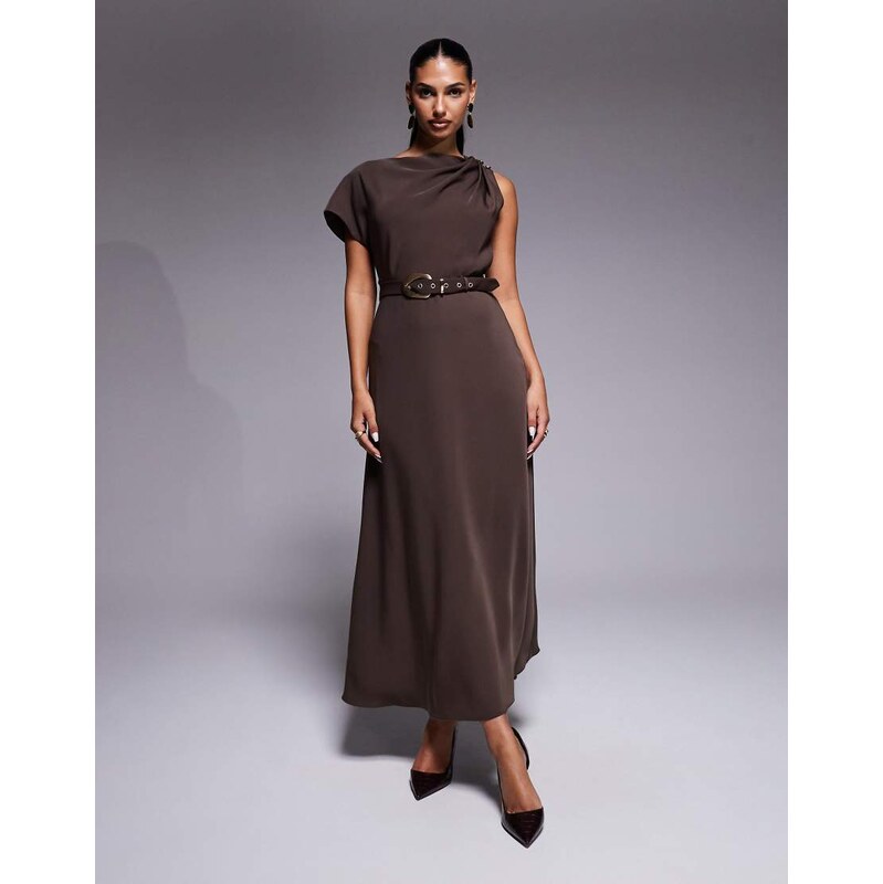 Forever New button shoulder drape belted midaxi dress in chocolate 112478227