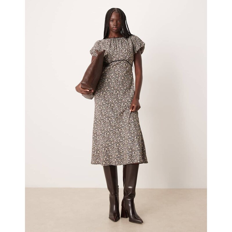 Nobodys Child Sicily gathered ruched neck puff sleeve midi tea