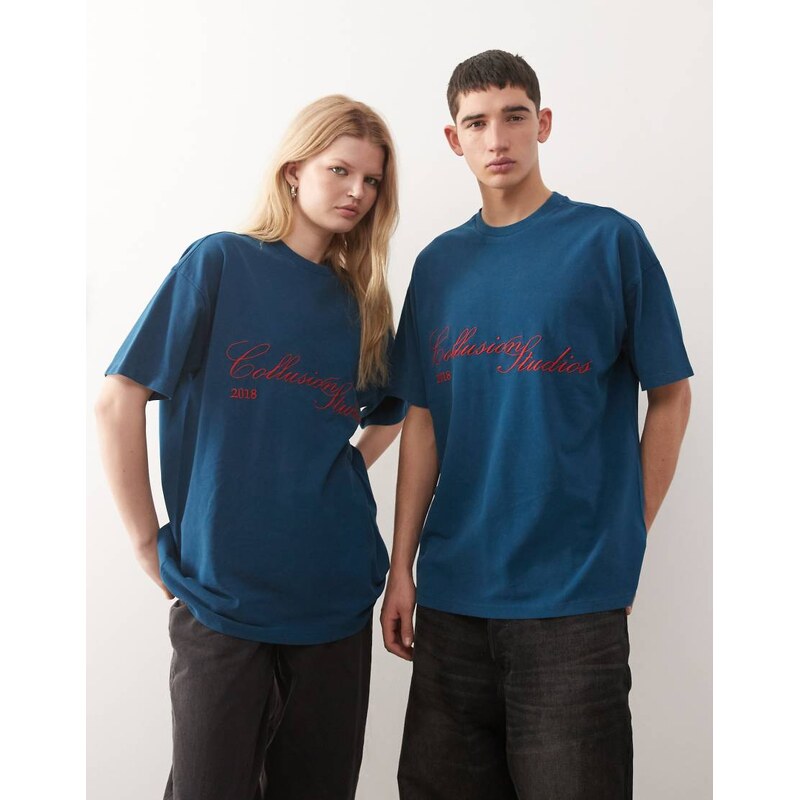 COLLUSION Unisex washed premium embroidered pique t-shirt in