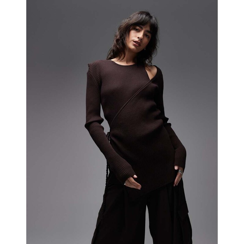 ARKET cut out long sleeve wrap top in dark brown 112478285