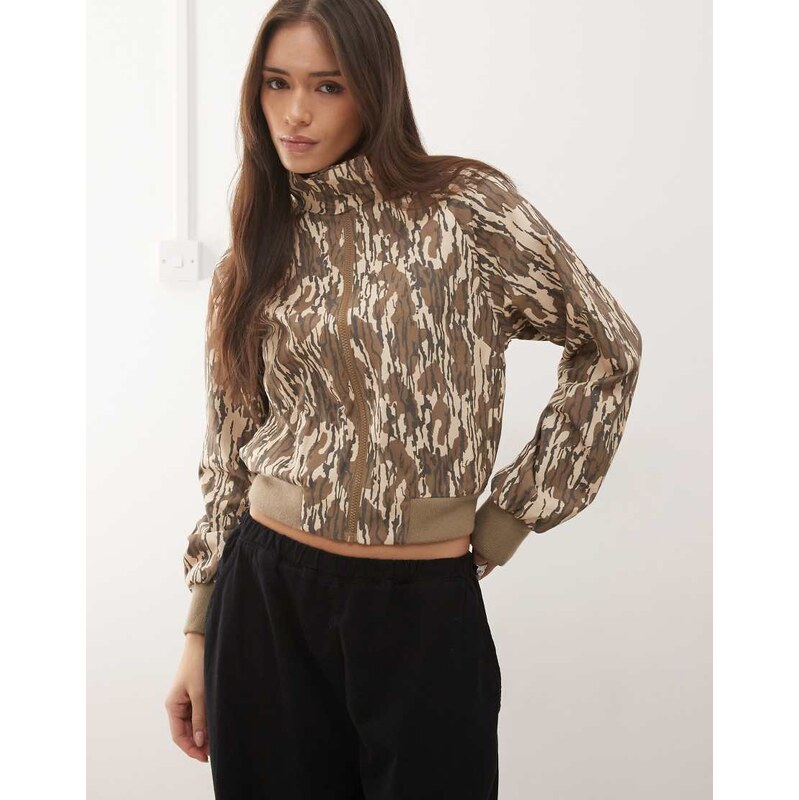 COLLUSION funnel neck zip thru track jacket in camo print-Brown