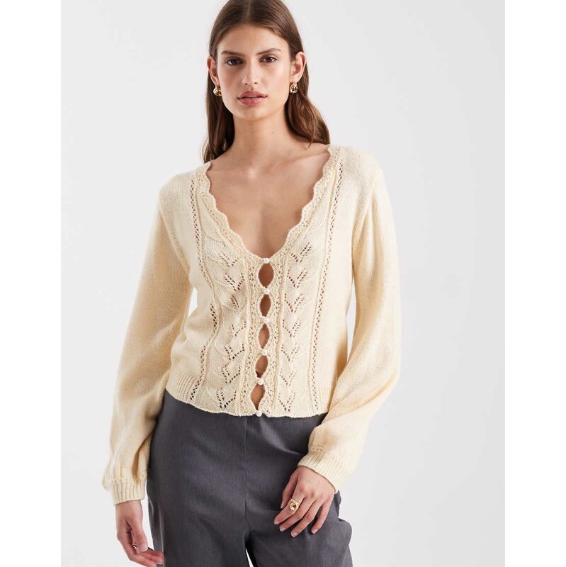 Miss Selfridge pointelle faux pearl detail jumper in buttermilk-Yellow 115007133