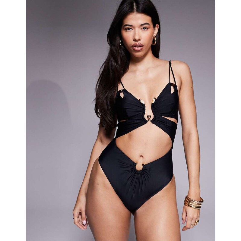ASOS DESIGN Lucie plunge swimsuit with cut out and resin trim in black 115514167