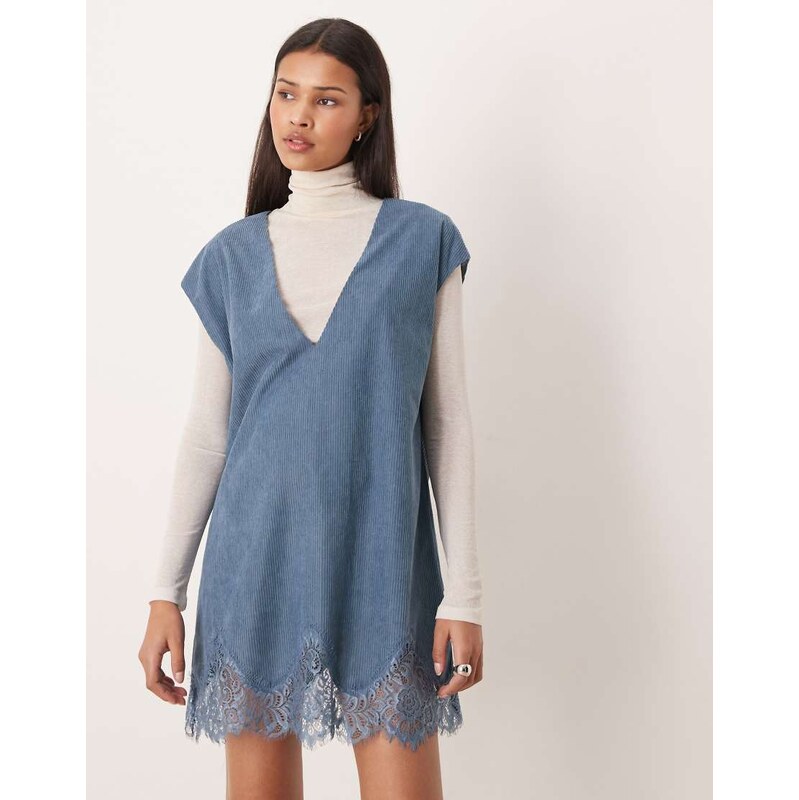 ASOS DESIGN cord lace trim shift mini dress in denim blue