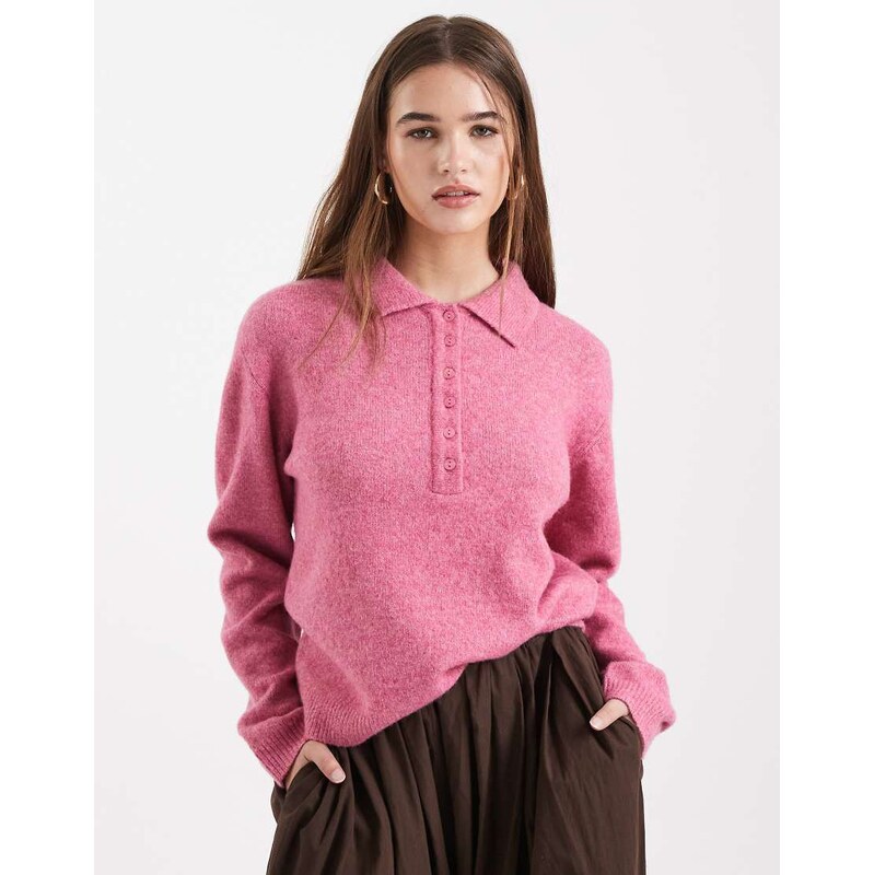 New Look button polo jumper in pink 112484547