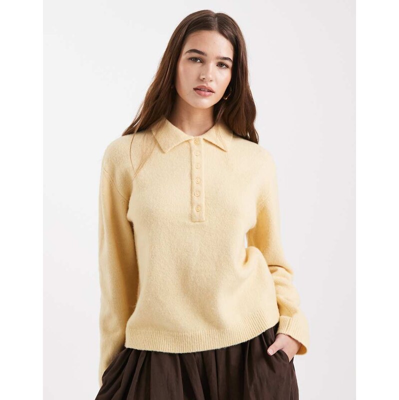 New Look button polo jumper in butter yellow 112484548