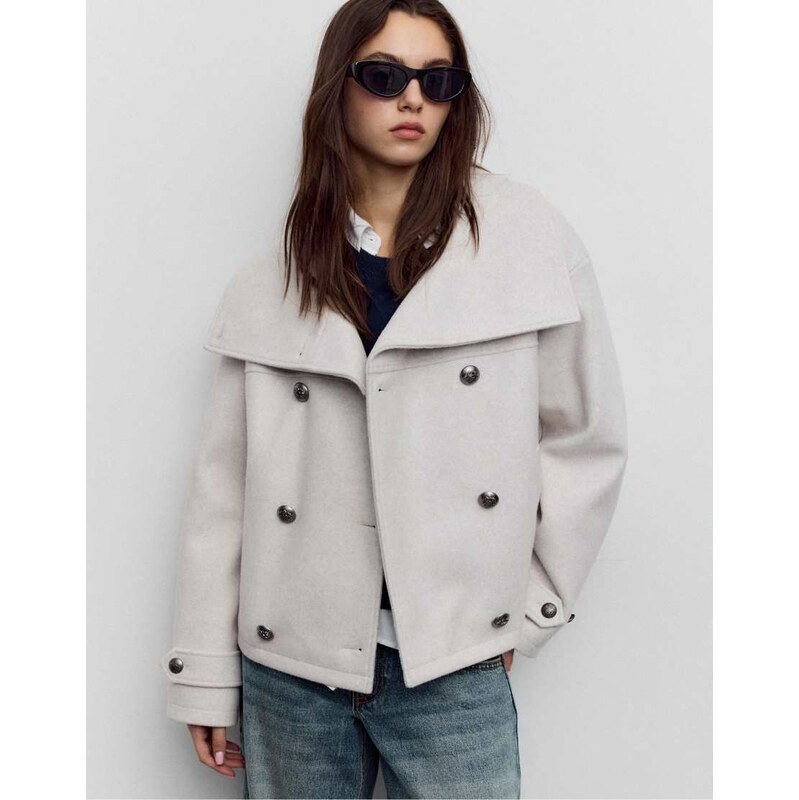 Stradivarius Soft-touch crossover high neck jacket in ecru-White