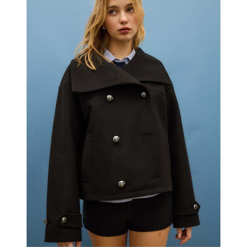 Stradivarius Soft-touch crossover high neck jacket in black
