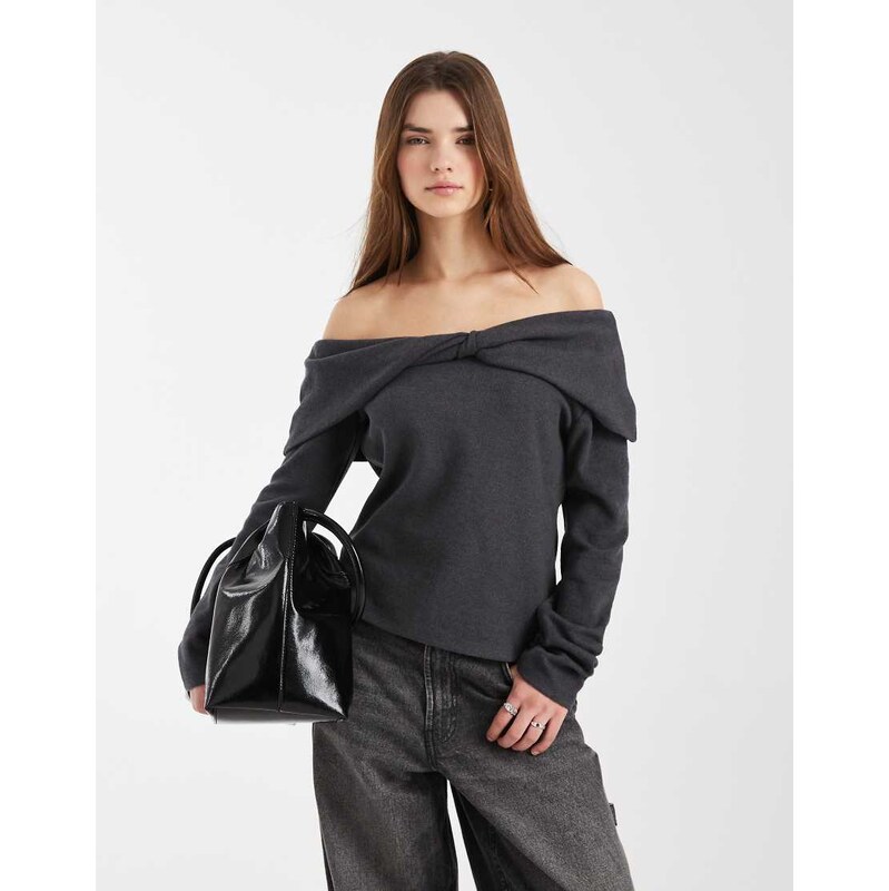 ASOS DESIGN folded over shoulder long sleeve ribbed top in