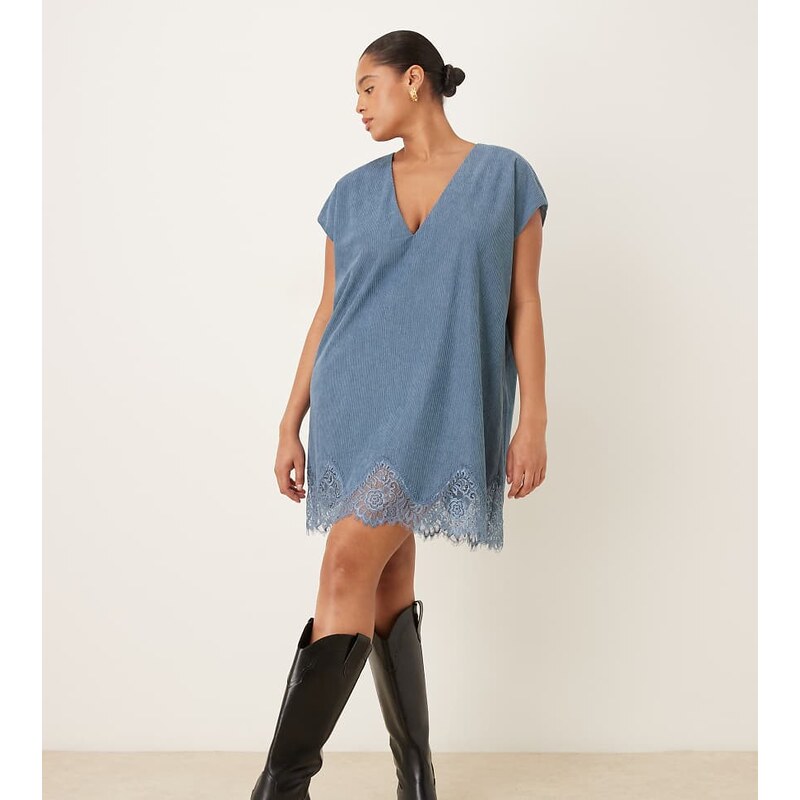 ASOS Curve ASOS DESIGN Curve cord lace trim shift mini dress in denim 115516891