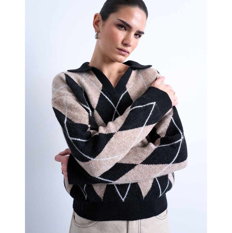 Topshop knitted argyle polo in neutral 112484871