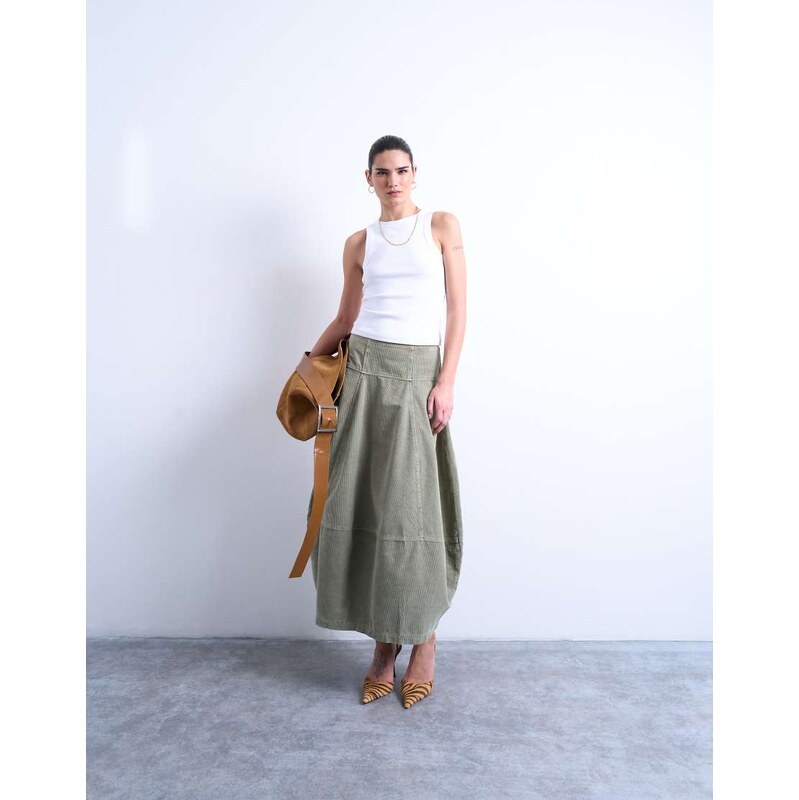 Topshop seamed barrel maxi skirt in sage cord-Green