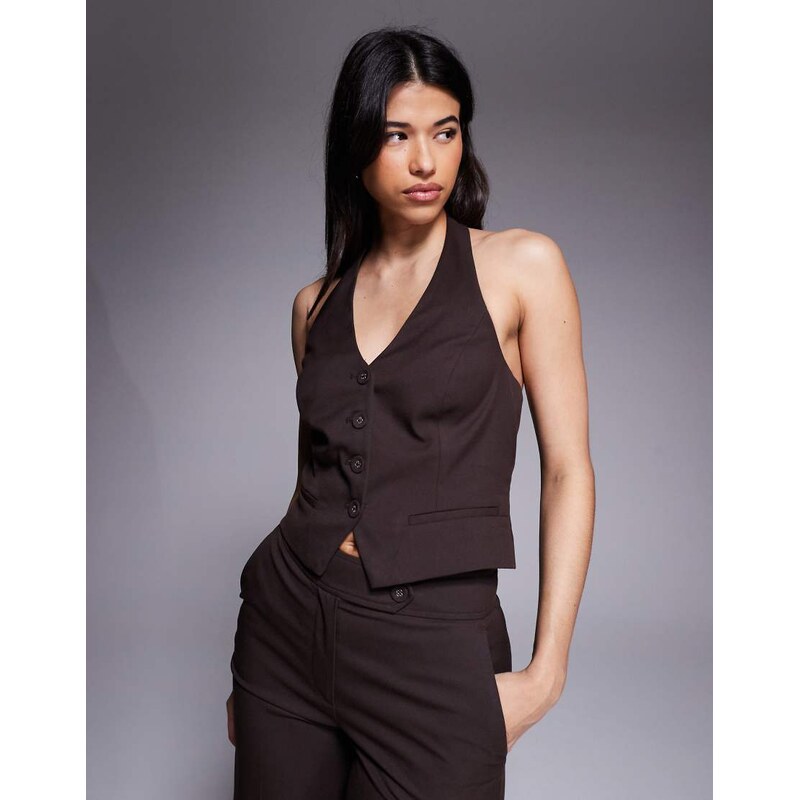 Forever New tailored halter neck cropped waistcoat co-ord in chocolate 112489268