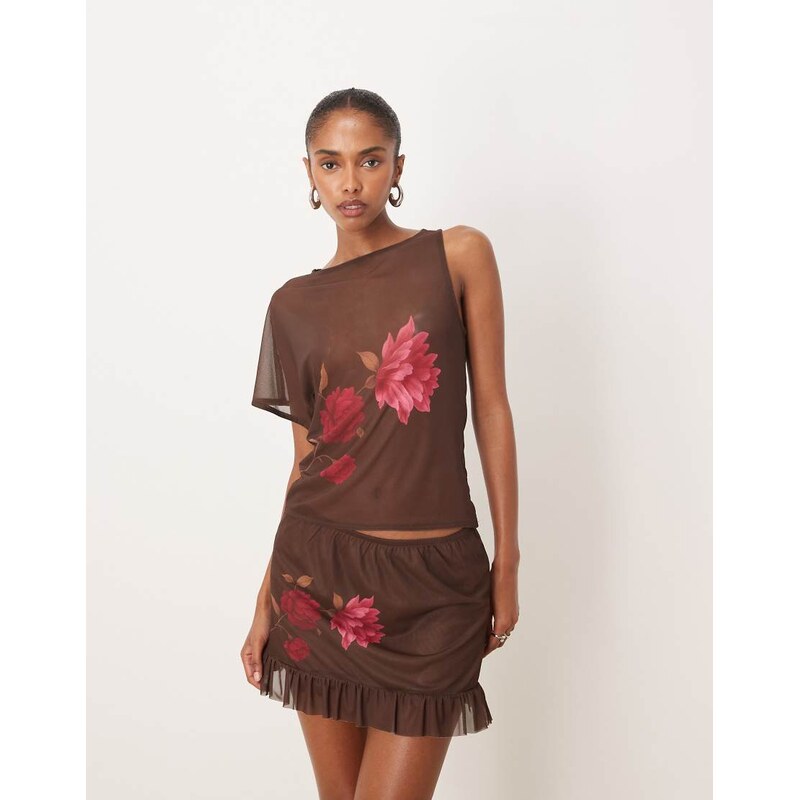Motel Balsa co-ord one shoulder floral detail top in brown