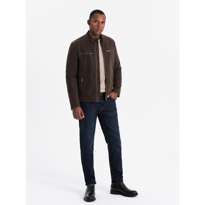 Ombre Mens retro biker jacket with stand-up collar - brown