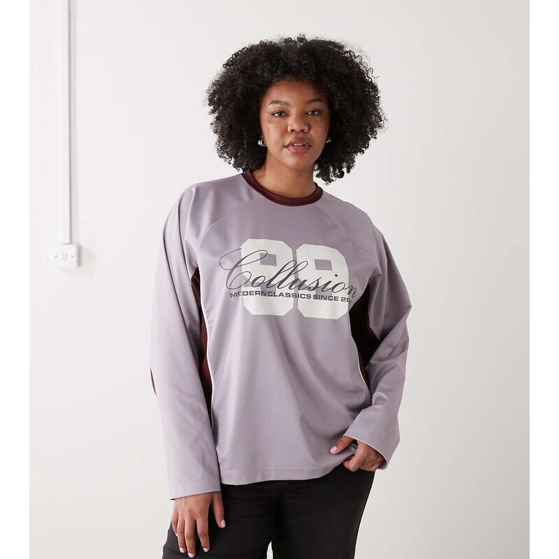 COLLUSION plus football long sleeve tee with number graphic
