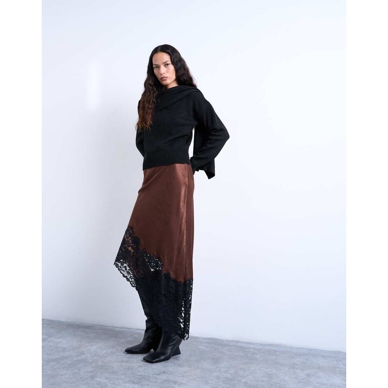 Topshop satin asymmetric lace hem midaxi skirt in brown with