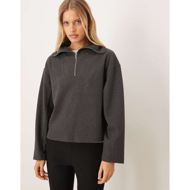 Mango funnel neck half zip sweatshirt in charcoal-Grey