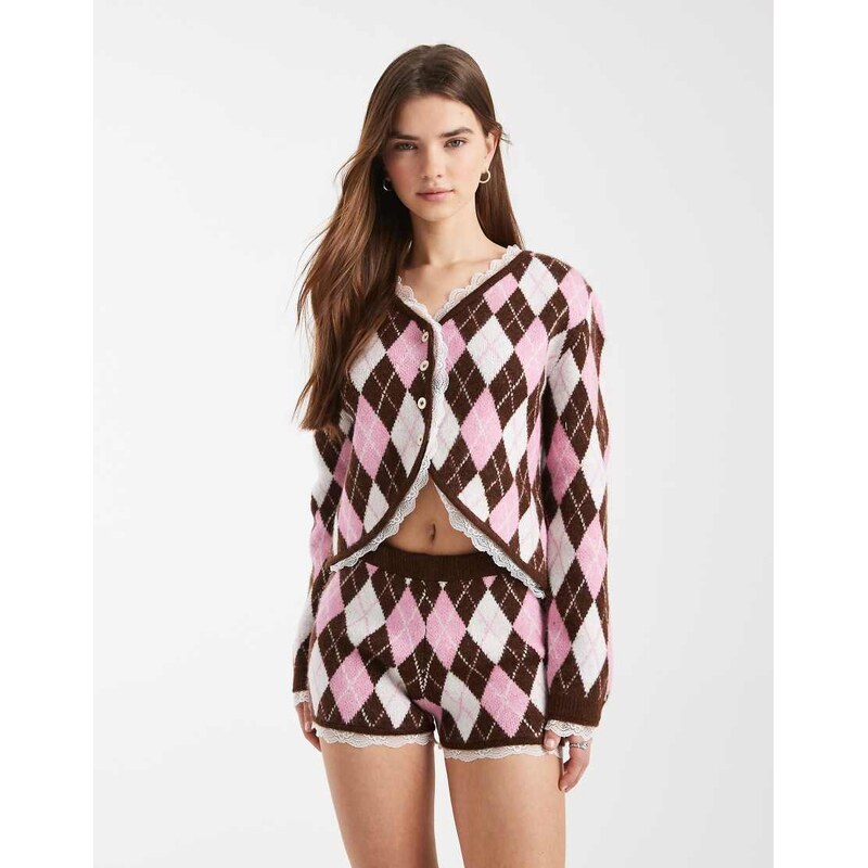 Miss Selfridge argyle knit lace trim booty short co-ord-Multi 115521863