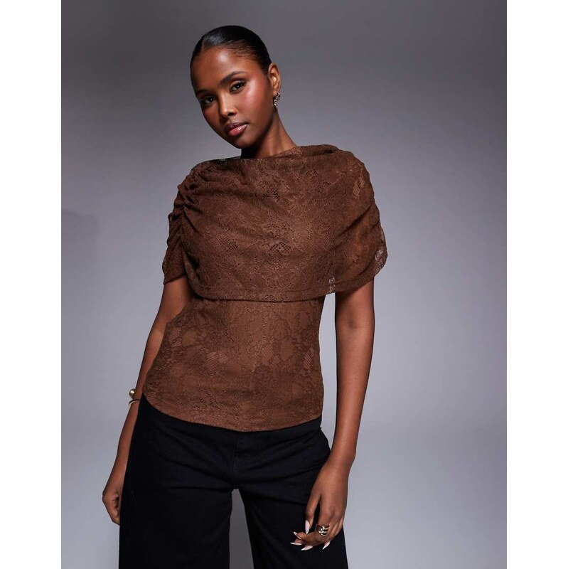 ASOS DESIGN lace cape overlay top in brown-Black