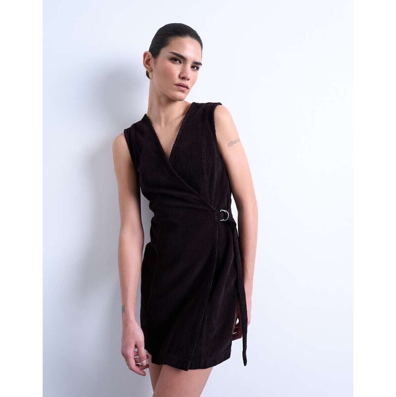 Topshop denim wrap mini dress in chocolate-Brown