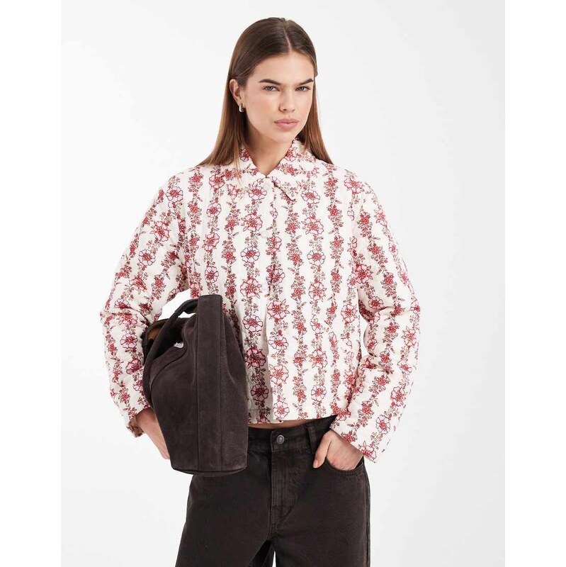 ONLY quilted jacket in cream with pink floral print 115518039