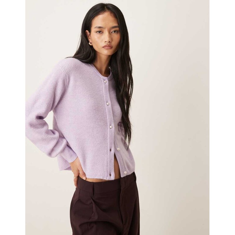 JDY ribbed cardigan with pearl buttons in pastel lilac-Purple