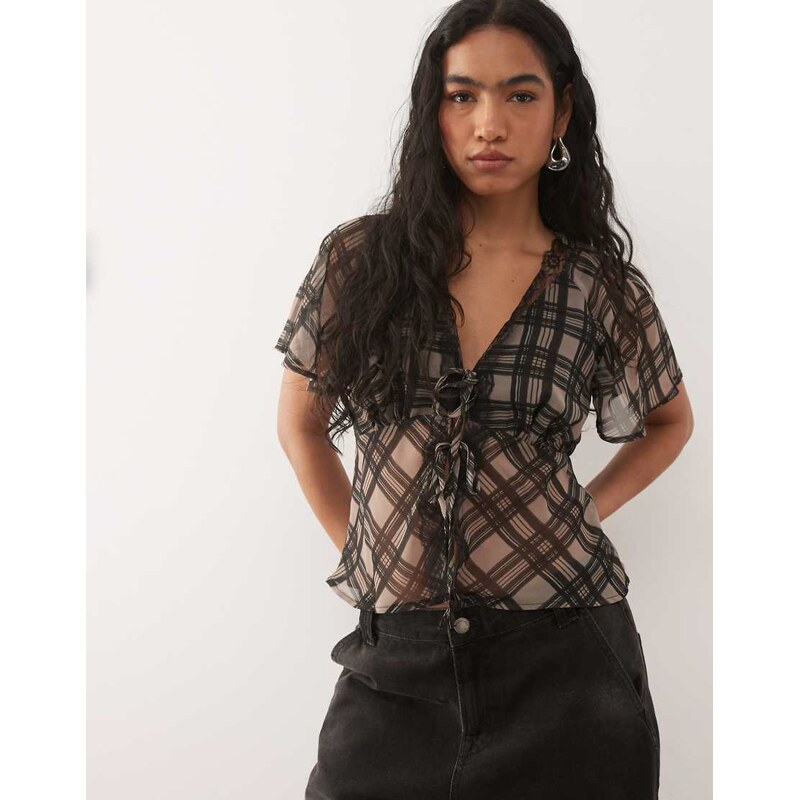 Reclaimed Vintage tie front tea top with lace trim in check
